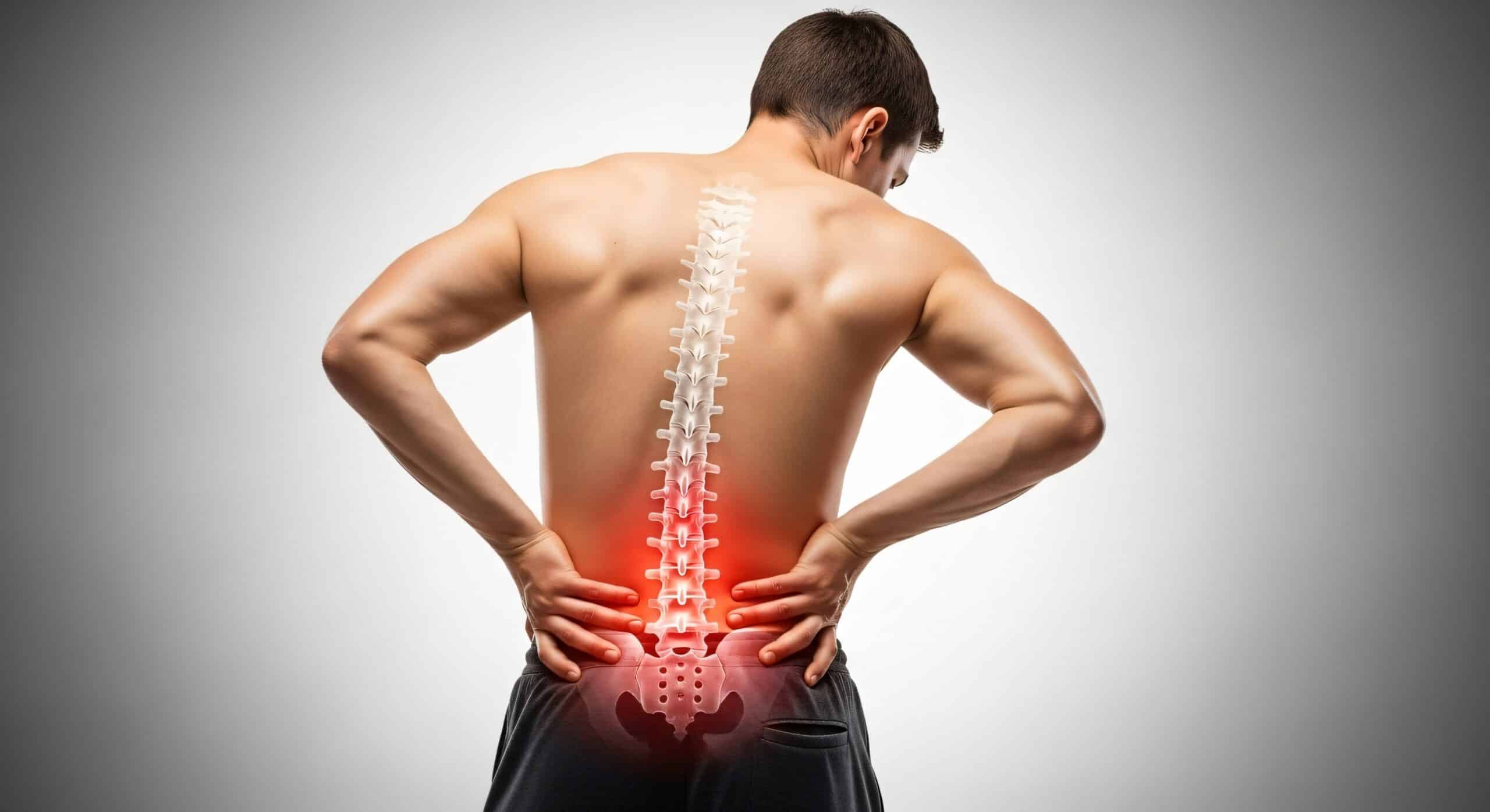 Man with lower back pain and highlighted spine showing injury, isolated on white background